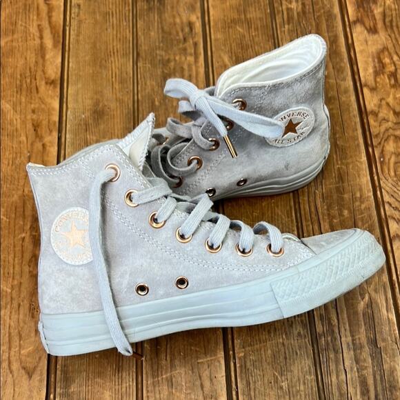 Women’s Kids Converse Suede Chuck Taylor High-Tops in Light Gray - Picture 1 of 7